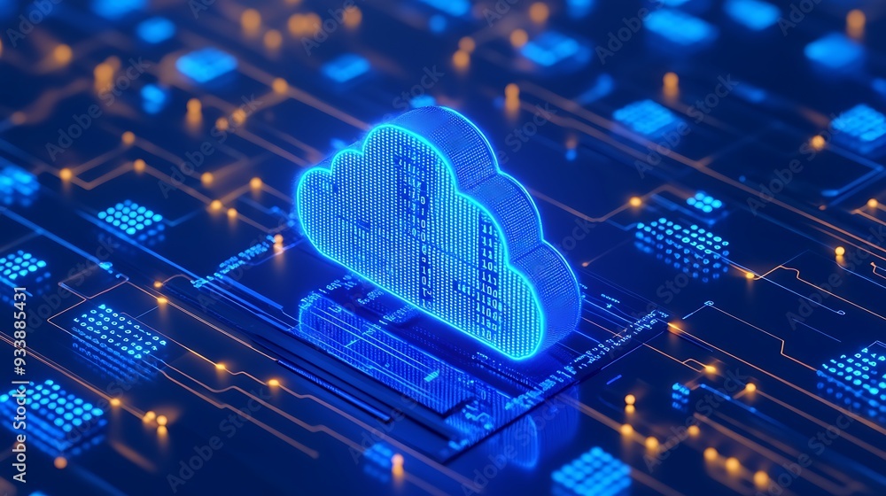 Poster cloud computing concept with digital circuits on a blue background, representing data storage and te