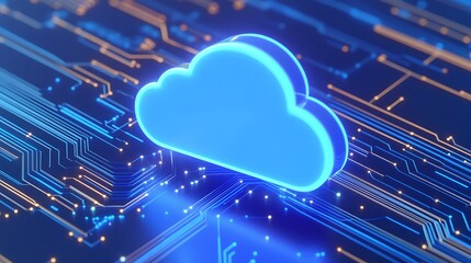 Cloud computing concept with electronic circuit board background. Blue illuminated cloud symbolizing digital data storage and technology.