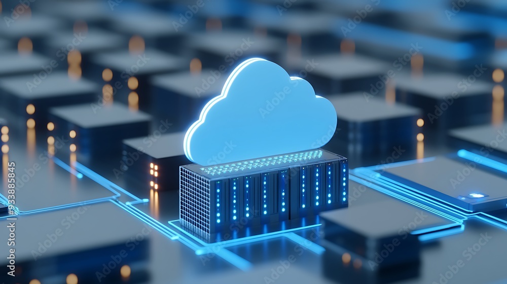 Poster cloud computing technology concept with glowing server and cloud icon, symbolizing data storage, dig