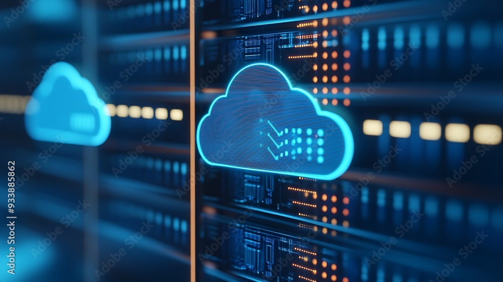 Poster cloud computing technology in data center. blue neon cloud icon highlighting the digital storage sol
