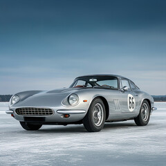 Silver Vintage Race Car on Icy Track