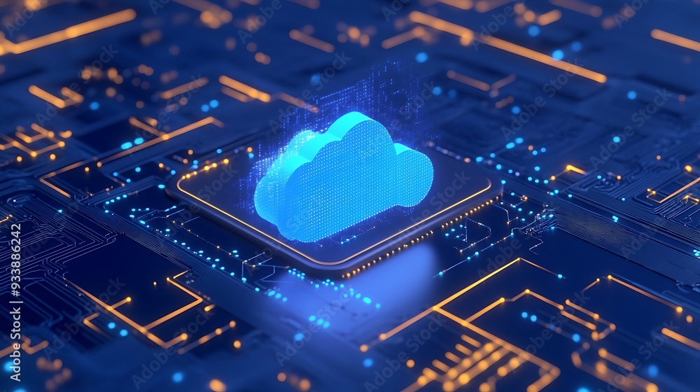 Poster digital cloud computing concept on a microchip, representing data management and storage in modern t