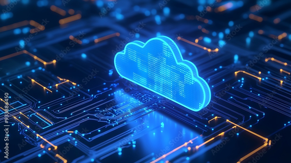 Poster digital cloud computing concept with a glowing blue cloud icon on a futuristic circuit board backgro