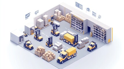 An organized isometric warehouse layout with forklifts and trucks optimized by IoT technology, focusing on efficient routing.