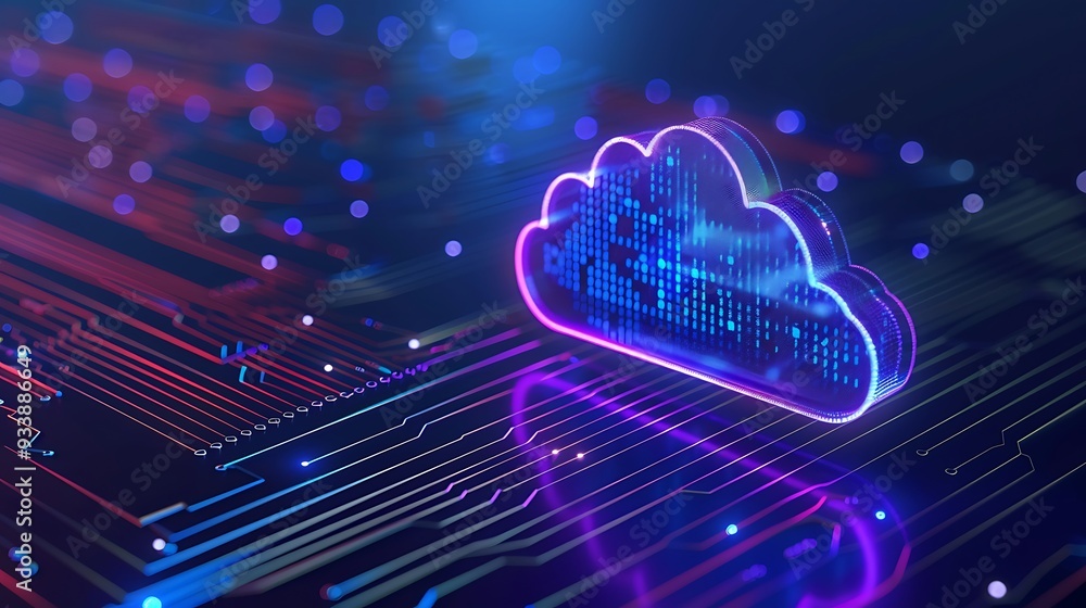 Poster digital cloud computing concept with glowing holographic cloud icon and circuit board background, sy