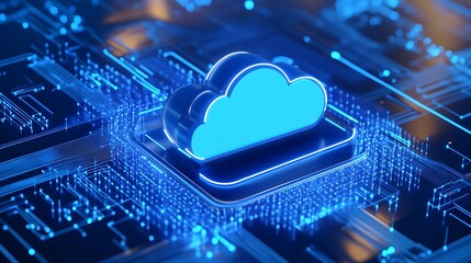 Digital cloud computing concept with illuminated neon blue cloud symbol on a futuristic, technology-inspired background.