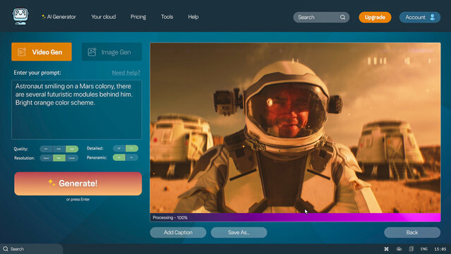User interface of AI video generator. Artificial intelligence assistant generate detailed video: Astronaut on Mars colony. Text to video technology. AI generated video. Template for computer screen.