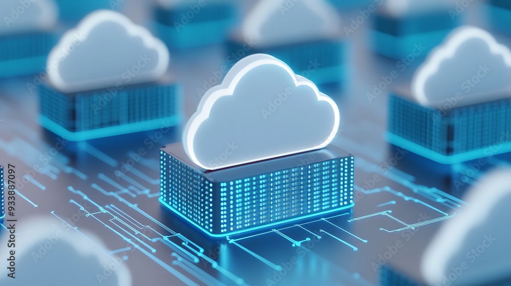 Poster digital cloud computing technology concept with glowing data servers, representing online storage an