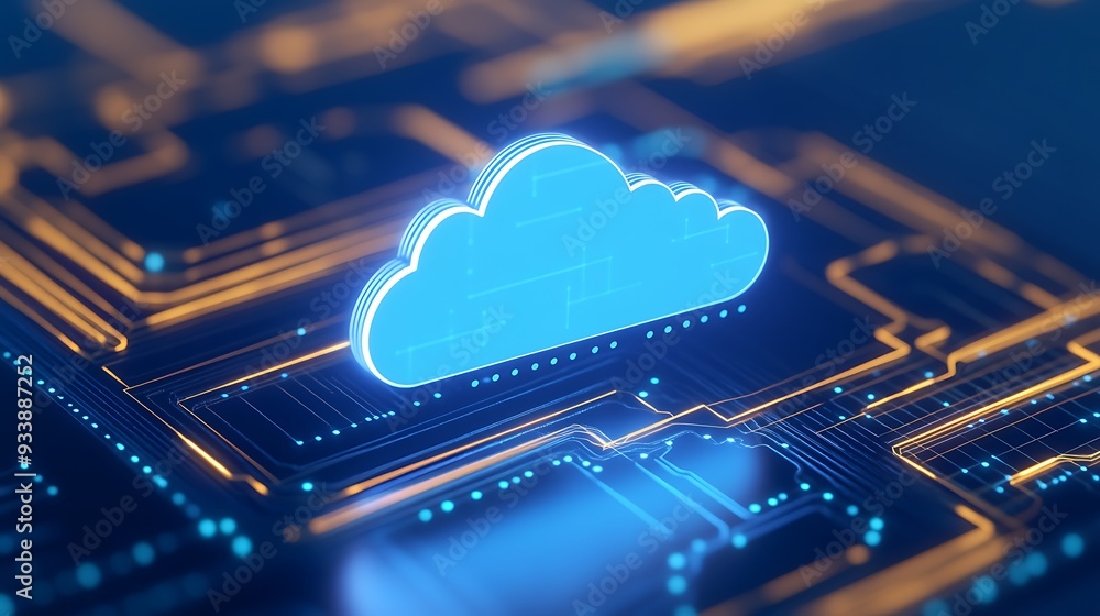 Poster digital cloud computing visualization with glowing neon light on circuit board. concept of data stor