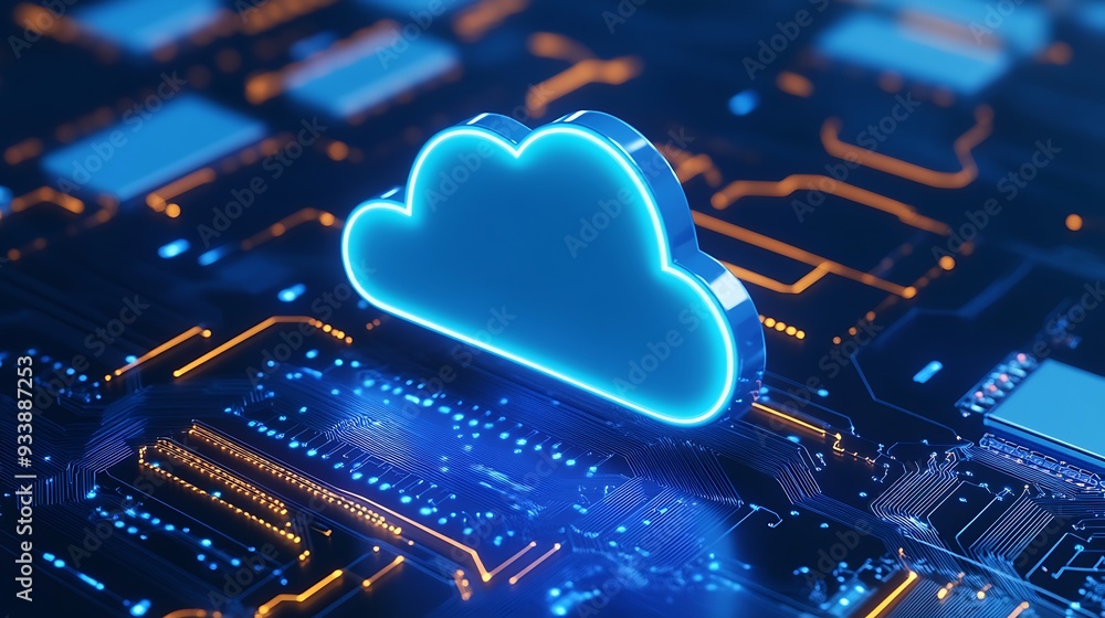 Poster digital cloud concept with illuminated neon light on a microchip, representing cloud computing, big 