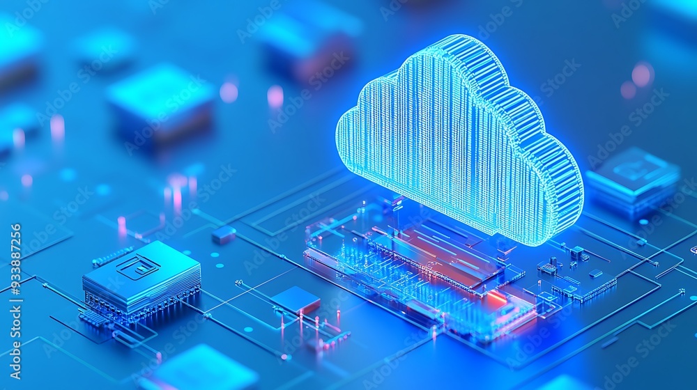 Poster digital cloud data server on circuit board. futuristic cloud computing technology, data management, 