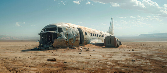 A large airplane is sitting on the ground in a desert