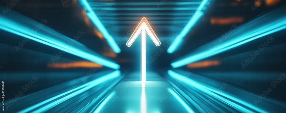 Poster neon arrow pointing forward in futuristic tunnel, glowing blue and orange lights. technology and pro