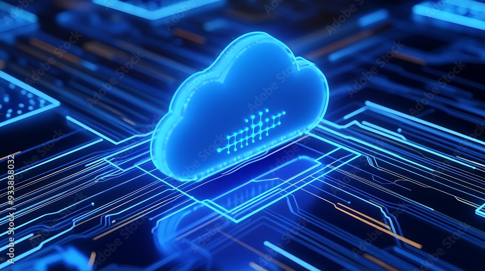 Poster digital cloud symbolizes networking and data storage technology on a futuristic circuit board, repre