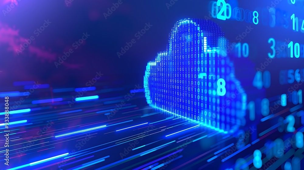 Poster digital cloud technology concept, with glowing data streams and abstract graphics, representing clou