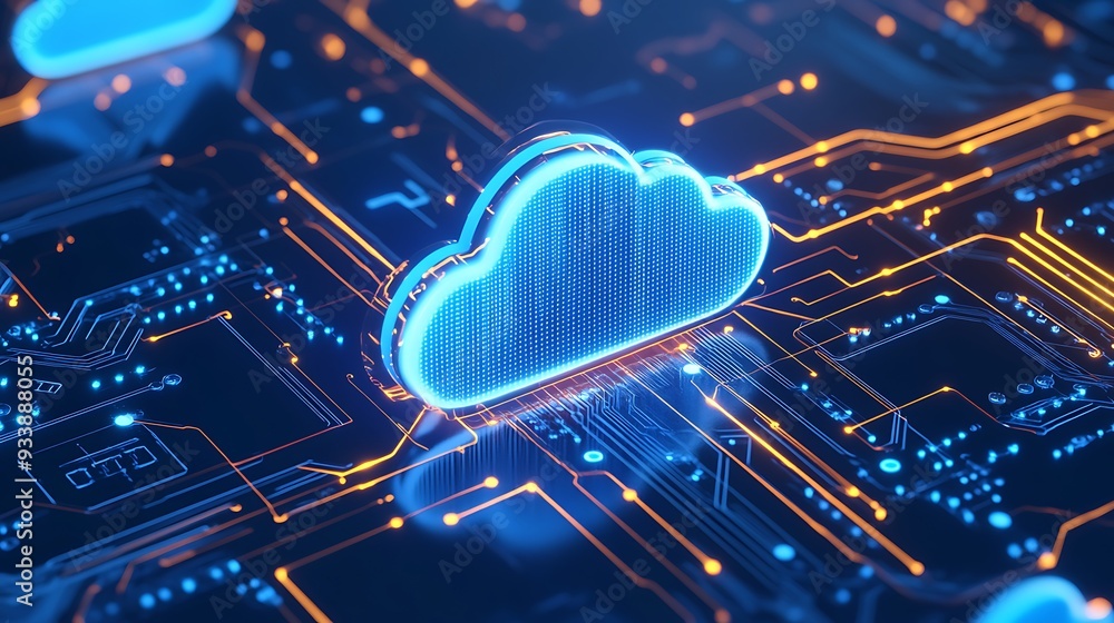 Poster digital cloud symbolizing cloud computing technology and data storage, integrated into a glowing cir