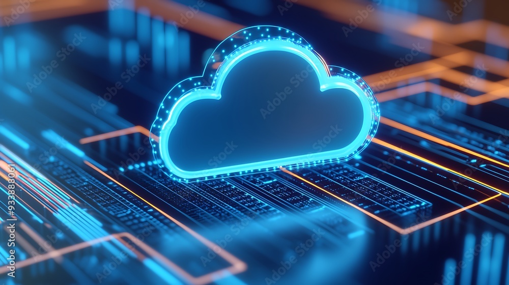 Poster digital cloud technology concept with glowing blue cloud icon, representing cloud computing and data