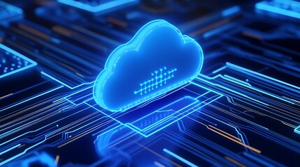 Digital cloud symbolizes networking and data storage technology on a futuristic circuit board, representing modern computing innovations.