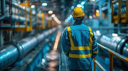 Engineer overseeing industrial pipeline in large facility