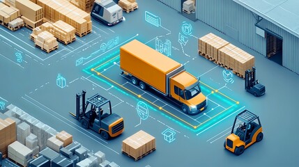 A technologically advanced, isometric warehouse with IoT-enabled forklifts and trucks ensuring optimal route efficiency.