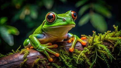 Naklejka premium Vibrant green tree frog with large round eyes perches on a moss-covered branch in a dimly lit Borneo jungle, surrounded by lush foliage at night.