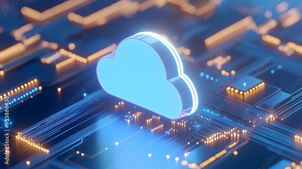 Poster digital illustration of a glowing cloud icon on a futuristic circuit board representing cloud comput