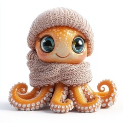 Cute Happy Octopus Isolated on White Background Wearing Cold Weather or Winter Outfit. Cartoon Character - Mascot