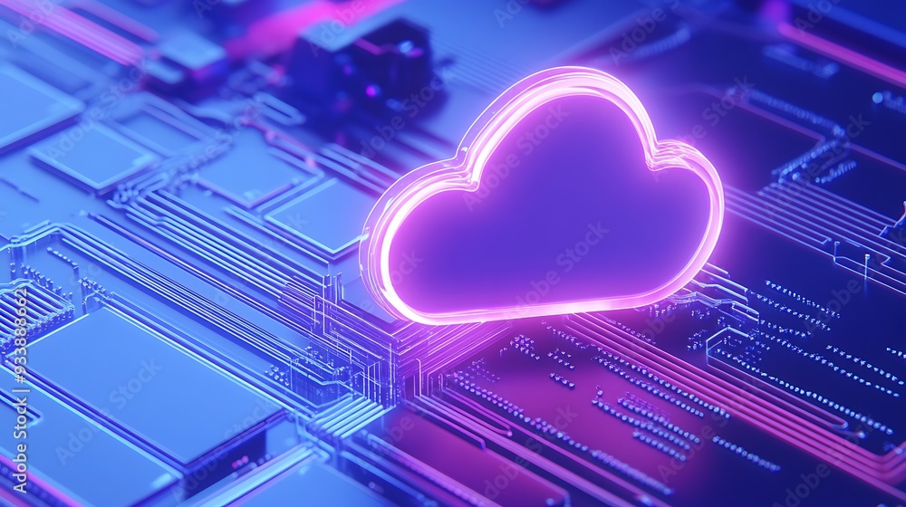 Poster digital neon cloud symbol on circuit board, representing cloud computing, technology, and data stora