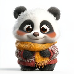 Cute Happy Panda Isolated on White Background Wearing Cold Weather or Winter Outfit. Cartoon Character - Mascot