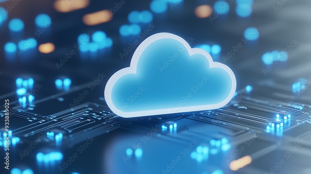 Poster digital representation of cloud computing concept with glowing blue cloud icon on circuit board back
