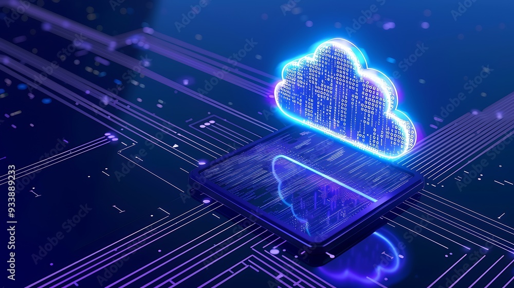 Poster digital representation of cloud computing technology concept, showcasing data transfer and storage i