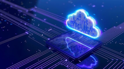 Digital representation of cloud computing technology concept, showcasing data transfer and storage in a futuristic design on a dark background.