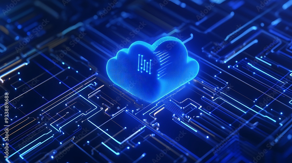 Poster futuristic blue glowing cloud shape on a digital circuit board, representing cloud computing and mod