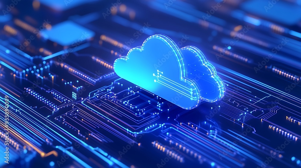Poster futuristic cloud computing concept with a glowing blue cloud icon over a digitized circuit board, re