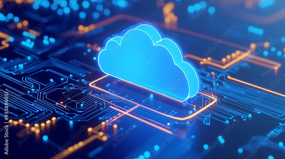 Poster futuristic cloud computing concept with a glowing blue cloud over a digital circuit board, represent