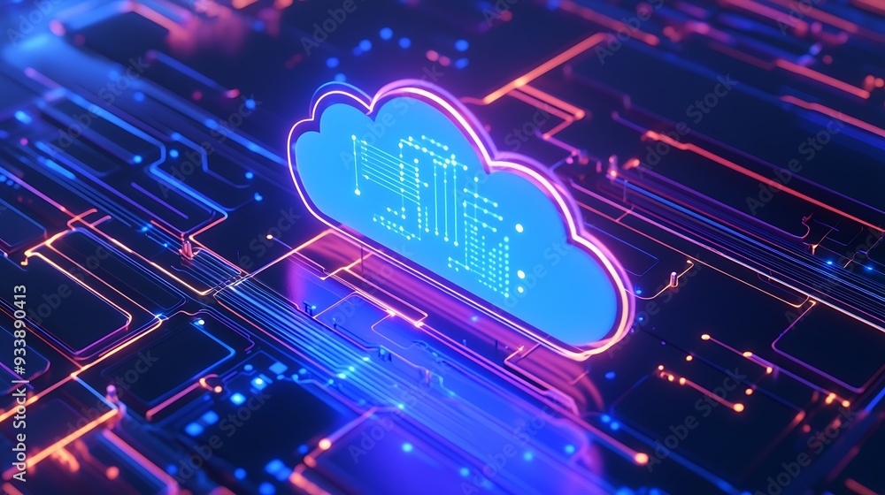 Poster futuristic cloud computing concept with data storage icon, bright neon lights, and complex circuit b