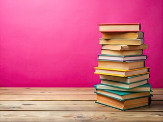Vibrant hardback books stacked on a wooden table against a pink background, evoking a sense of learning and education, with ample copy space for text overlay.