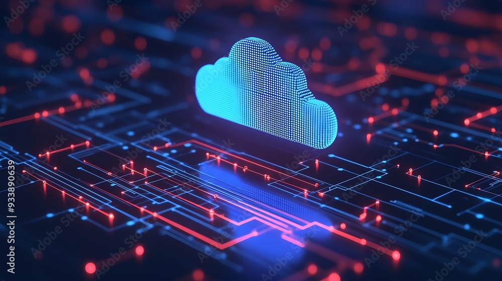 Poster futuristic cloud computing concept with digital circuits, highlighting the integration of cloud tech