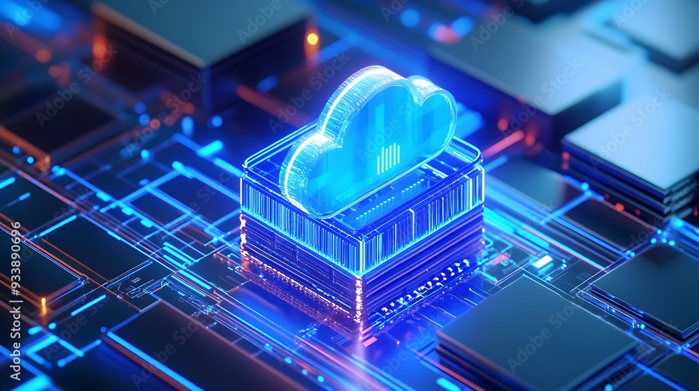 Poster futuristic cloud computing concept with digital cloud icon on a glowing circuit board, symbolizing d