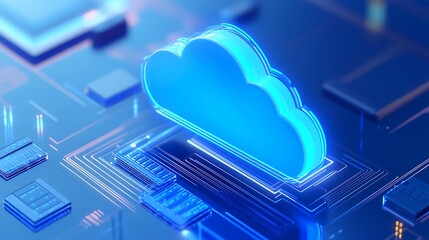 Futuristic cloud computing concept with digital cloud and electronic circuitry, representing data storage and technology integration.