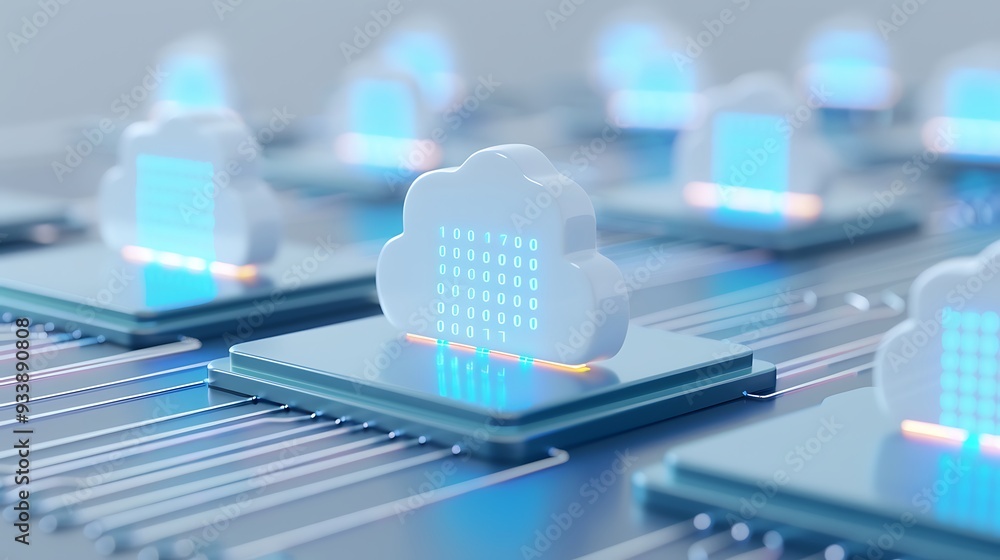 Poster futuristic cloud computing concept with digital data storage symbols on circuit boards, representing