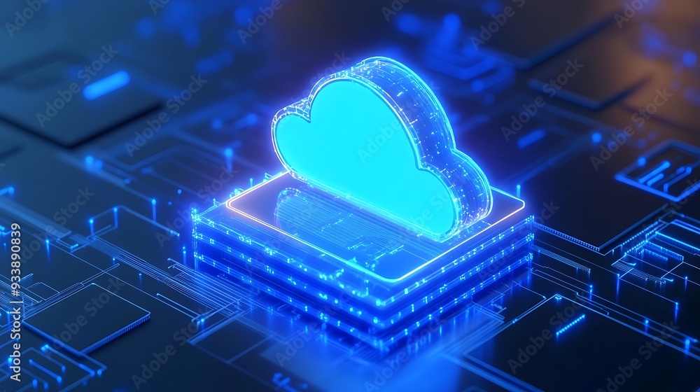 Poster futuristic cloud computing concept with digital neon cloud icon and circuit board. modern technology