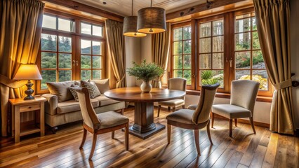 Cozy room interior with wooden table surrounded by comfortable chairs, near a large window with curtains, surrounded by a beautiful house's warm and inviting atmosphere.