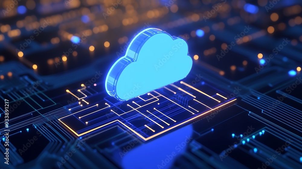 Poster futuristic cloud computing concept with glowing cloud icon and circuit board representing digital da