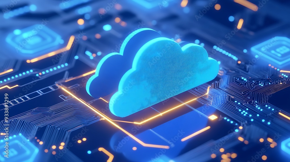 Poster futuristic cloud computing concept with glowing cloud icon on a high-tech digital circuit board back