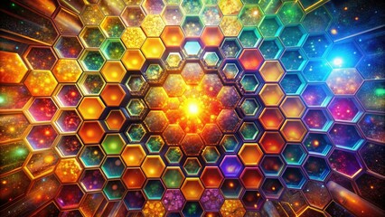 Vibrant hexagonal cells in a honeycomb pattern explode with colorful abstract energy, radiating warmth and dynamic movement in a mesmerizing visual representation of nature's perfection.