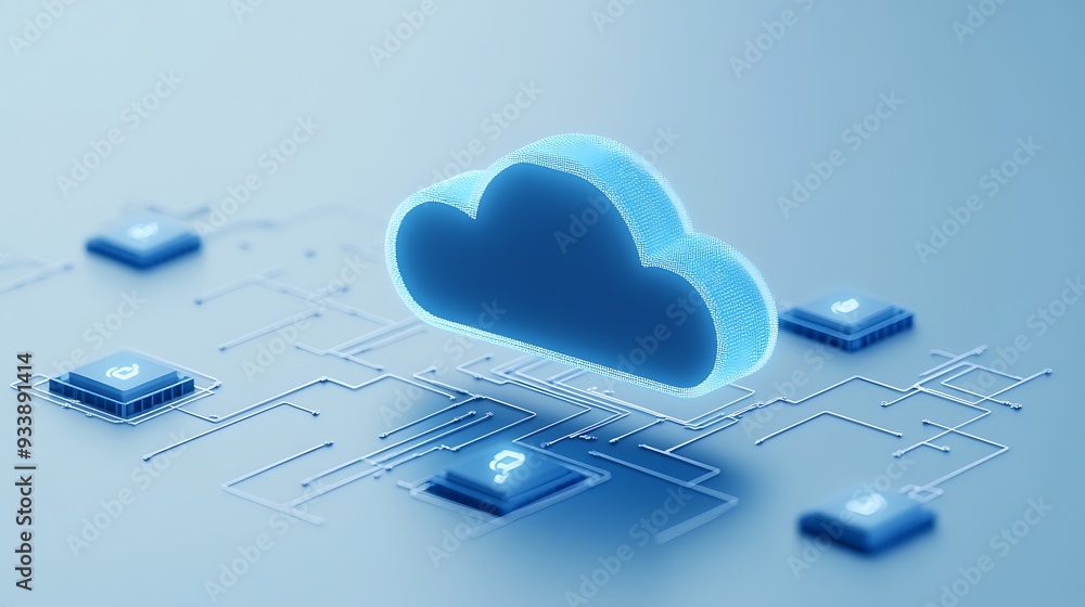 Poster futuristic cloud computing concept with glowing cloud symbol and circuit connections on a blue backg