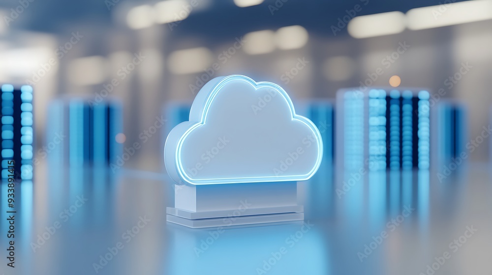 Poster futuristic cloud computing concept with glowing cloud symbol in a modern data center. digital storag