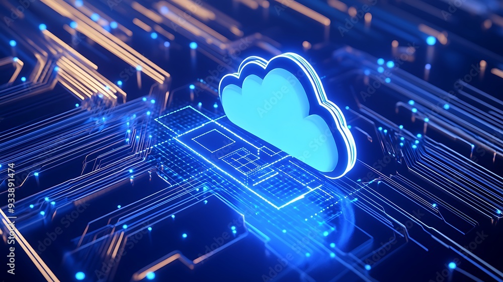 Poster futuristic cloud computing concept with glowing digital elements and circuit board background, repre