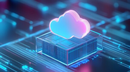 Futuristic cloud computing concept with glowing cloud symbol on a technology circuit board, representing data storage and virtual server solutions.